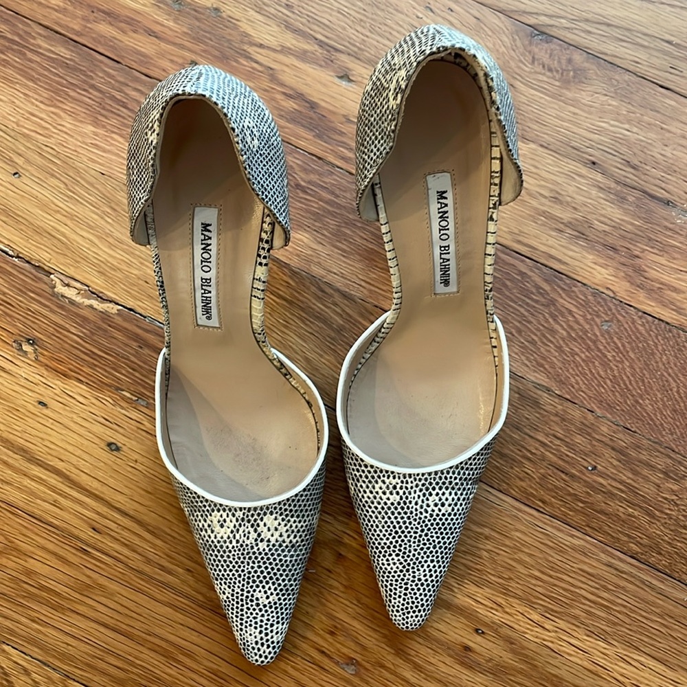 Manolo Blahnik D'Orsay Black & Beige Python Pointy Toe Heel